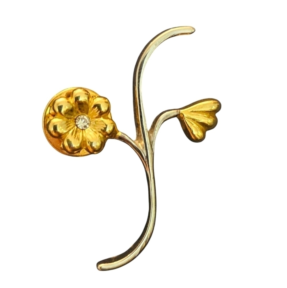 Vintage 1990 Push Back FLORAL lapel Pin gold tone Clear Rhinestone